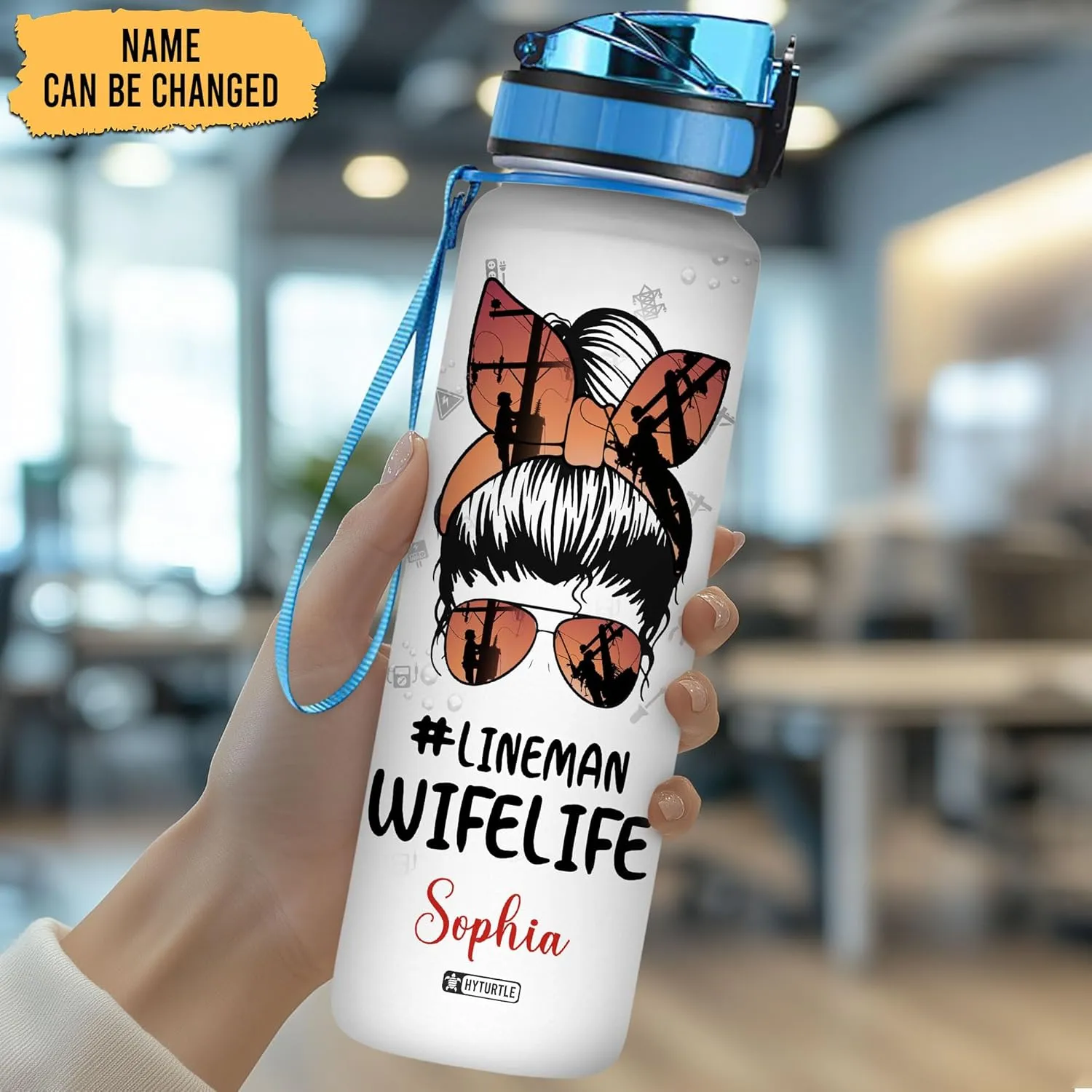 Hyturtle Personalized Lineman Wife Life Water Bottle - 32oz Motivational Water Bottle with Leak-Proof Lid & Time Marker - Custom Name Gift for Women, Men, Electrical Workers On Birthday Mother's Day