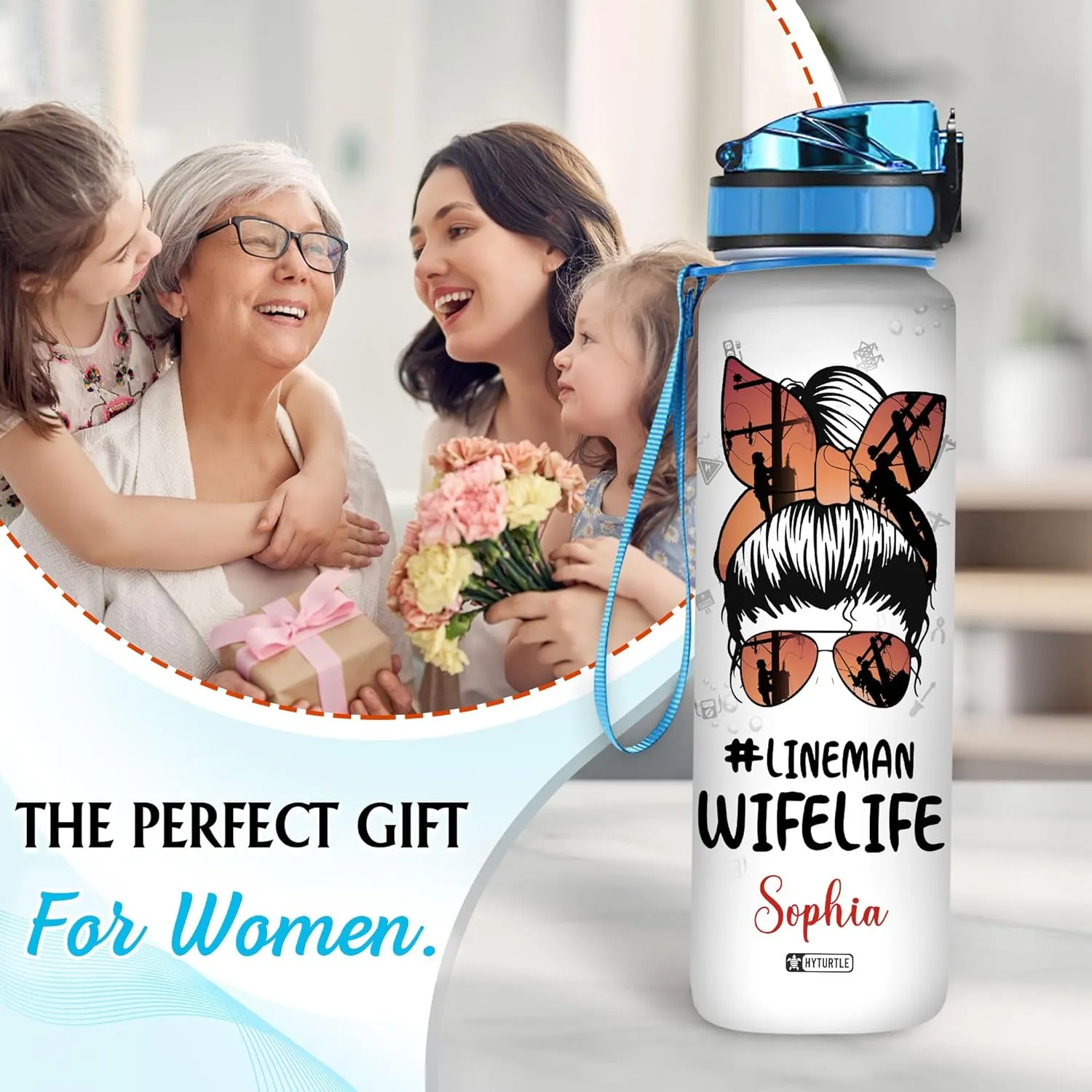 Hyturtle Personalized Lineman Wife Life Water Bottle - 32oz Motivational Water Bottle with Leak-Proof Lid & Time Marker - Custom Name Gift for Women, Men, Electrical Workers On Birthday Mother's Day