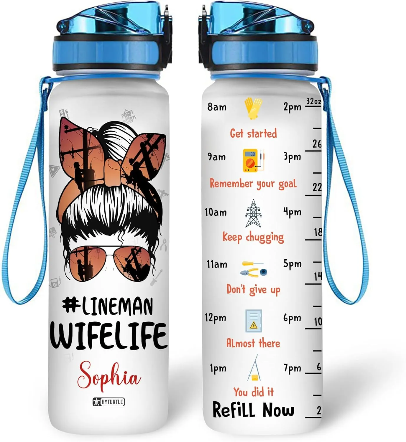 Hyturtle Personalized Lineman Wife Life Water Bottle - 32oz Motivational Water Bottle with Leak-Proof Lid & Time Marker - Custom Name Gift for Women, Men, Electrical Workers On Birthday Mother's Day