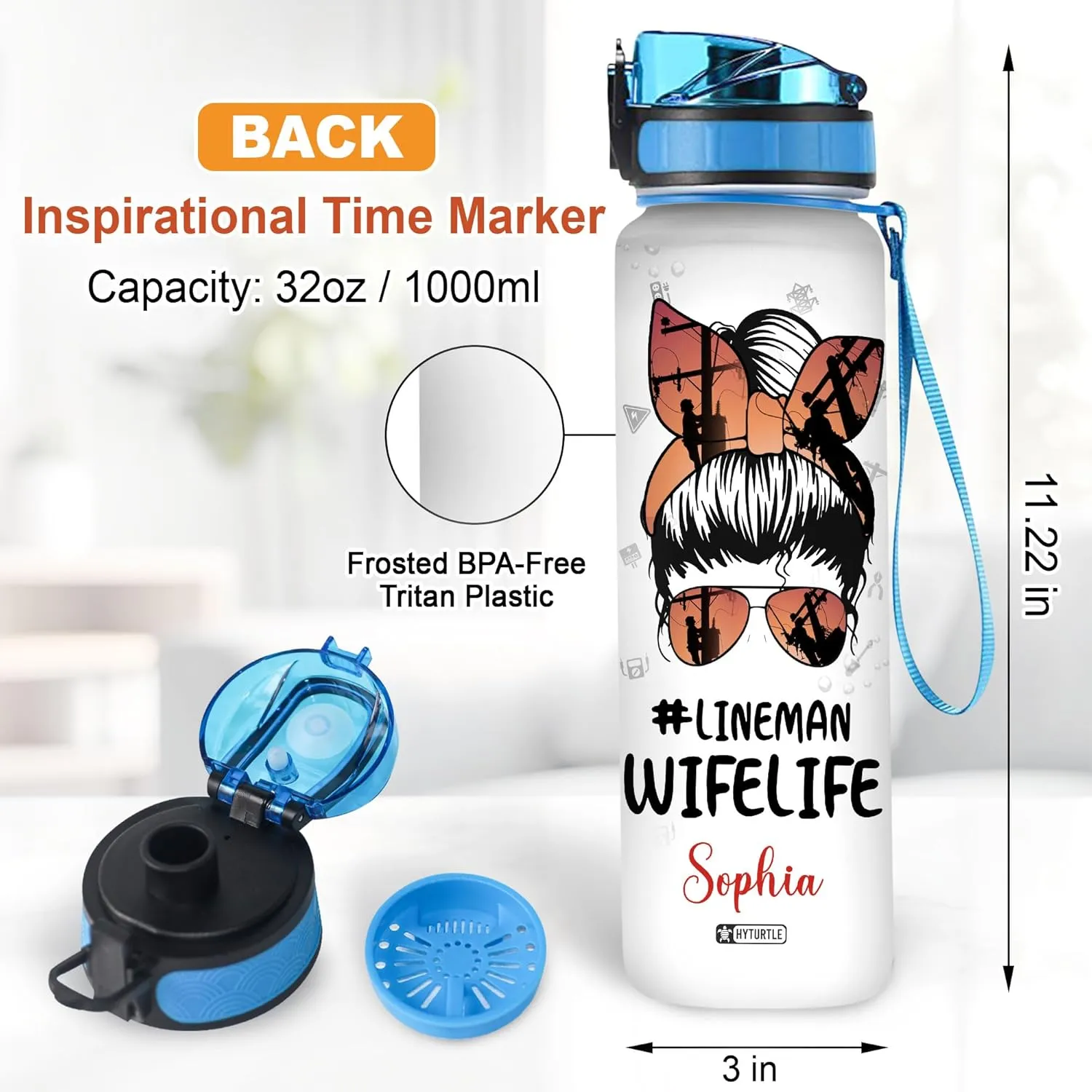 Hyturtle Personalized Lineman Wife Life Water Bottle - 32oz Motivational Water Bottle with Leak-Proof Lid & Time Marker - Custom Name Gift for Women, Men, Electrical Workers On Birthday Mother's Day