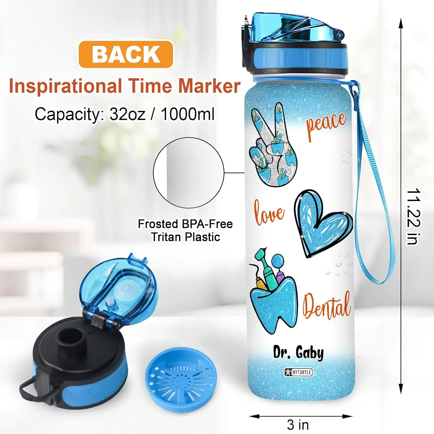 Hyturtle Personalized Peace Love Dental Water Bottle - 32oz Motivational Water Bottle with Leak-Proof Lid, Time Marker - Custom Name Gift for Dentists, Dental Hygienists & Dental Students On Birthday