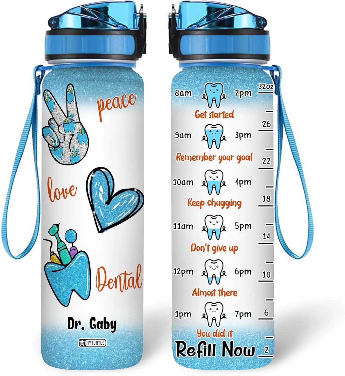 Hyturtle Personalized Peace Love Dental Water Bottle - 32oz Motivational Water Bottle with Leak-Proof Lid, Time Marker - Custom Name Gift for Dentists, Dental Hygienists & Dental Students On Birthday
