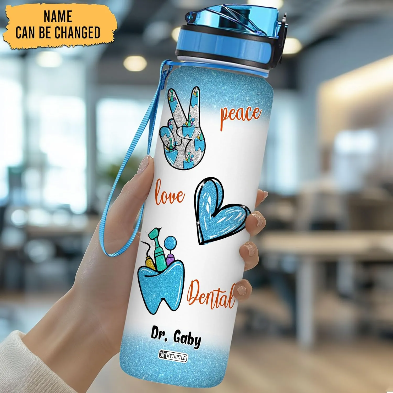 Hyturtle Personalized Peace Love Dental Water Bottle - 32oz Motivational Water Bottle with Leak-Proof Lid, Time Marker - Custom Name Gift for Dentists, Dental Hygienists & Dental Students On Birthday