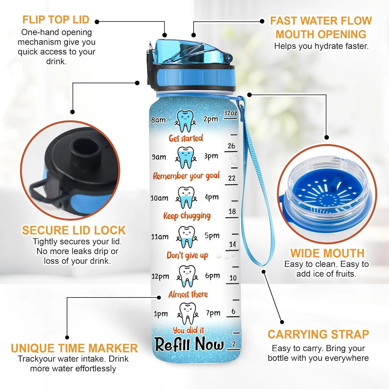Hyturtle Personalized Peace Love Dental Water Bottle - 32oz Motivational Water Bottle with Leak-Proof Lid, Time Marker - Custom Name Gift for Dentists, Dental Hygienists & Dental Students On Birthday