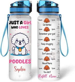 Hyturtle Personalized Poodle Lovers 32 Oz 1Liter Motivational Water Bottle, Just A Girl Who Loves Poodles Custom Name Water Bottle With Time Marker, Dog Lover Gifts For Women Girl On Birthday