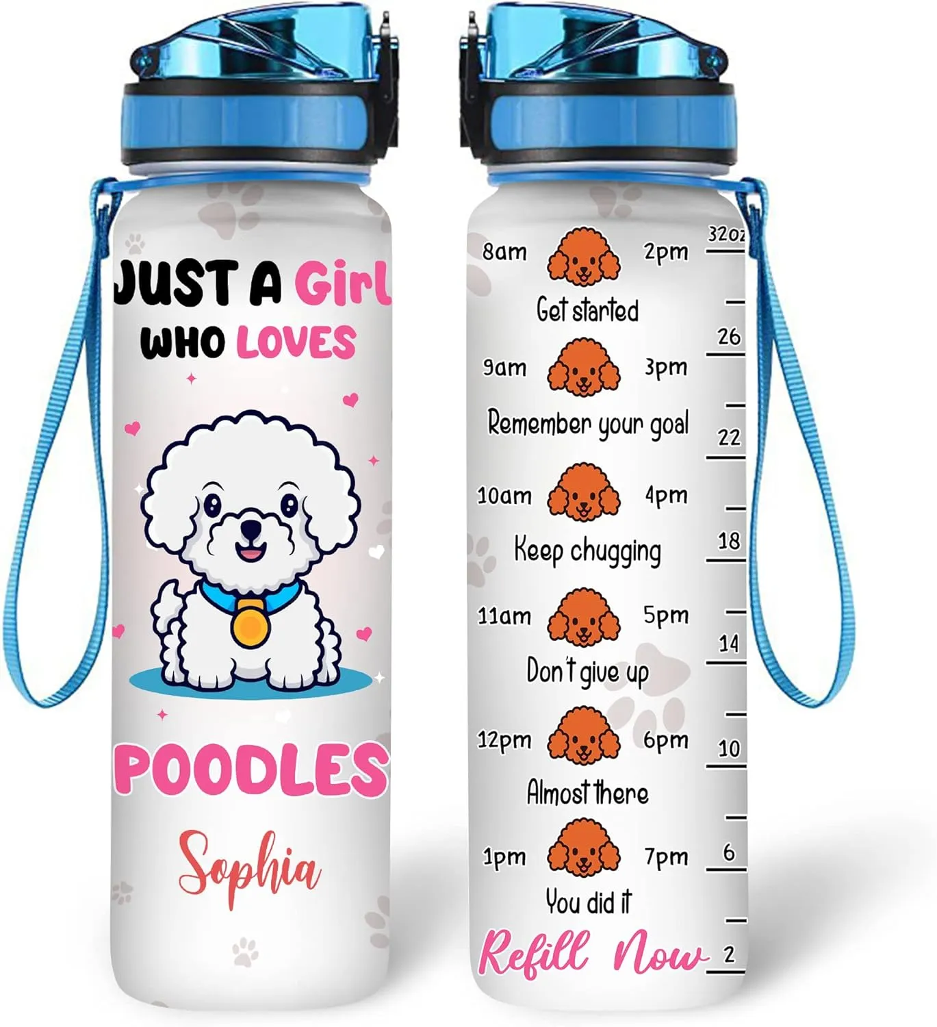 Hyturtle Personalized Poodle Lovers 32 Oz 1Liter Motivational Water Bottle, Just A Girl Who Loves Poodles Custom Name Water Bottle With Time Marker, Dog Lover Gifts For Women Girl On Birthday