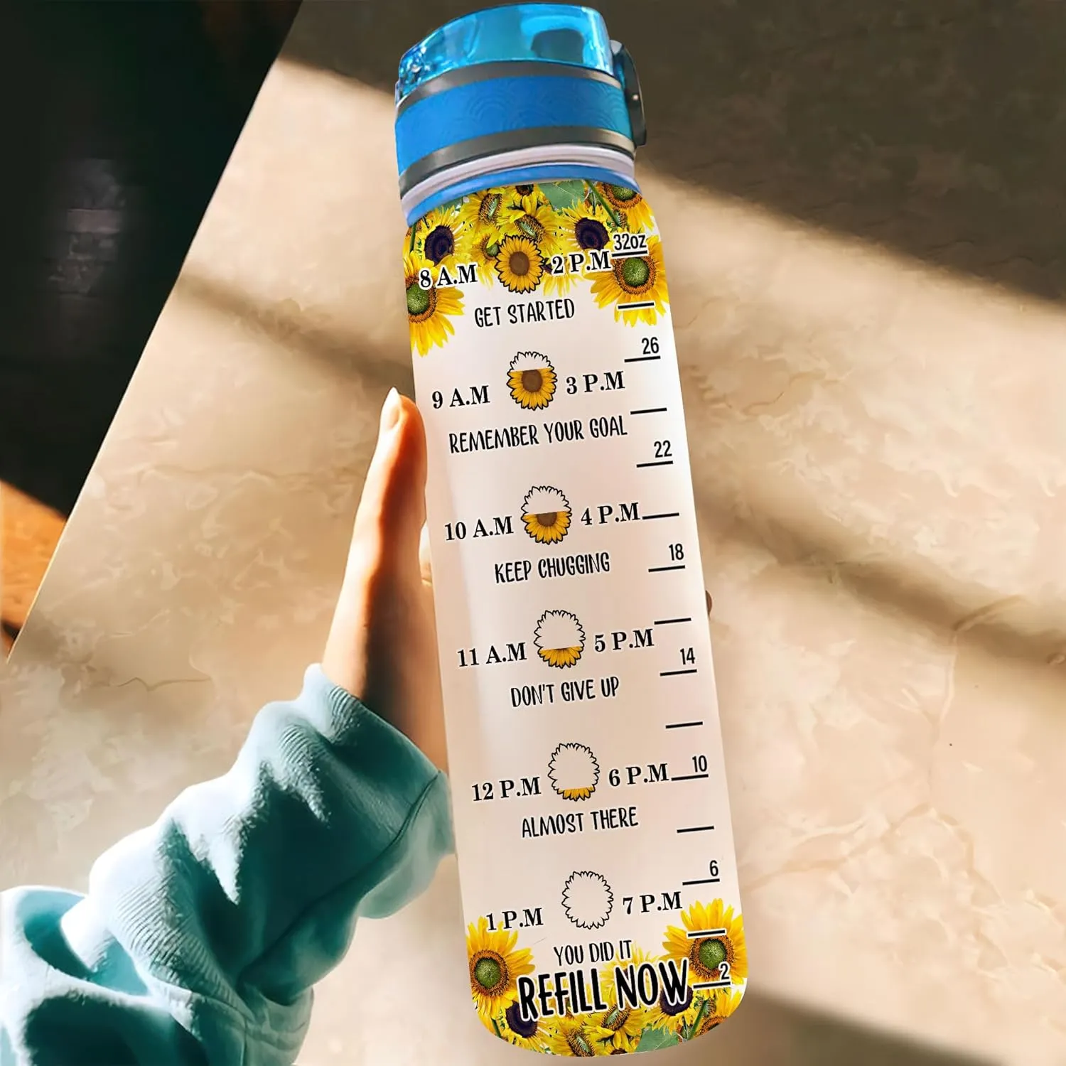 Hyturtle Personalized Sunflowers 32oz 1Liter Motivational Water Bottle, Customized Name Tracking Sunflower Water Bottle With Time Marker, Gifts For Women Sunflowers Lovers On Birthday