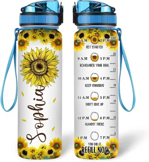 Hyturtle Personalized Sunflowers 32oz 1Liter Motivational Water Bottle, Customized Name Tracking Sunflower Water Bottle With Time Marker, Gifts For Women Sunflowers Lovers On Birthday