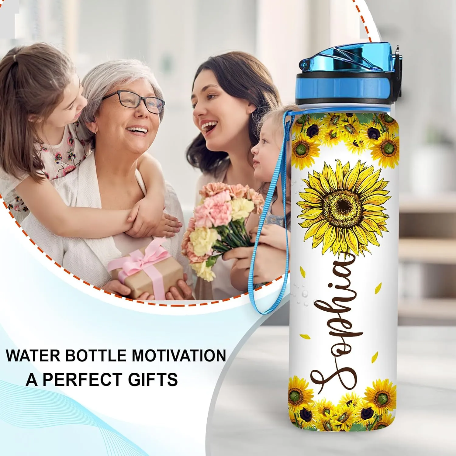 Hyturtle Personalized Sunflowers 32oz 1Liter Motivational Water Bottle, Customized Name Tracking Sunflower Water Bottle With Time Marker, Gifts For Women Sunflowers Lovers On Birthday