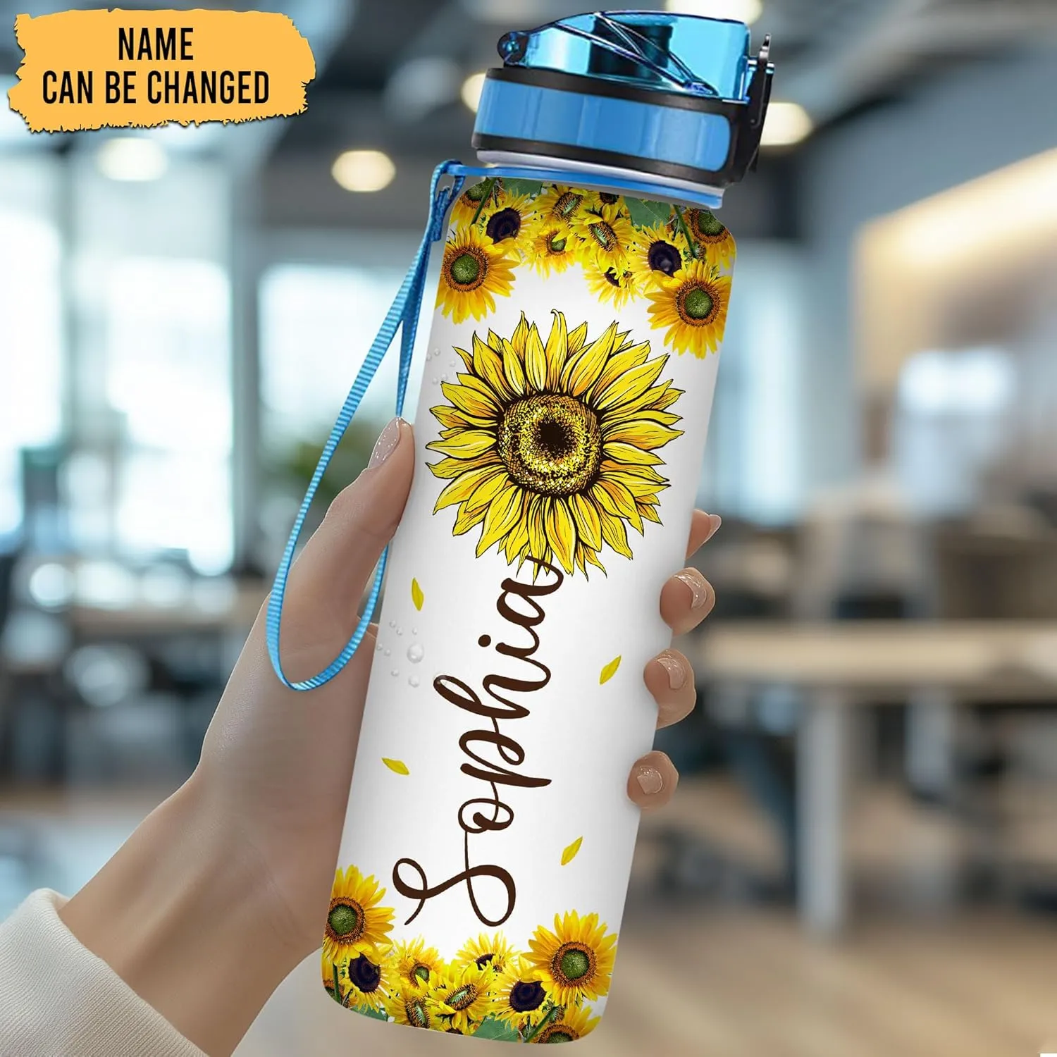Hyturtle Personalized Sunflowers 32oz 1Liter Motivational Water Bottle, Customized Name Tracking Sunflower Water Bottle With Time Marker, Gifts For Women Sunflowers Lovers On Birthday