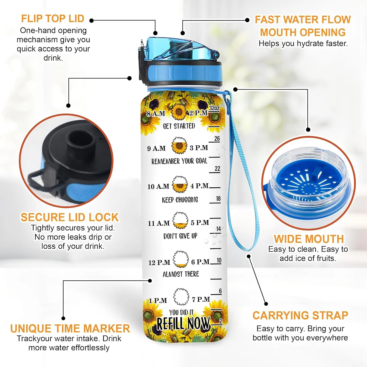 Hyturtle Personalized Sunflowers 32oz 1Liter Motivational Water Bottle, Customized Name Tracking Sunflower Water Bottle With Time Marker, Gifts For Women Sunflowers Lovers On Birthday