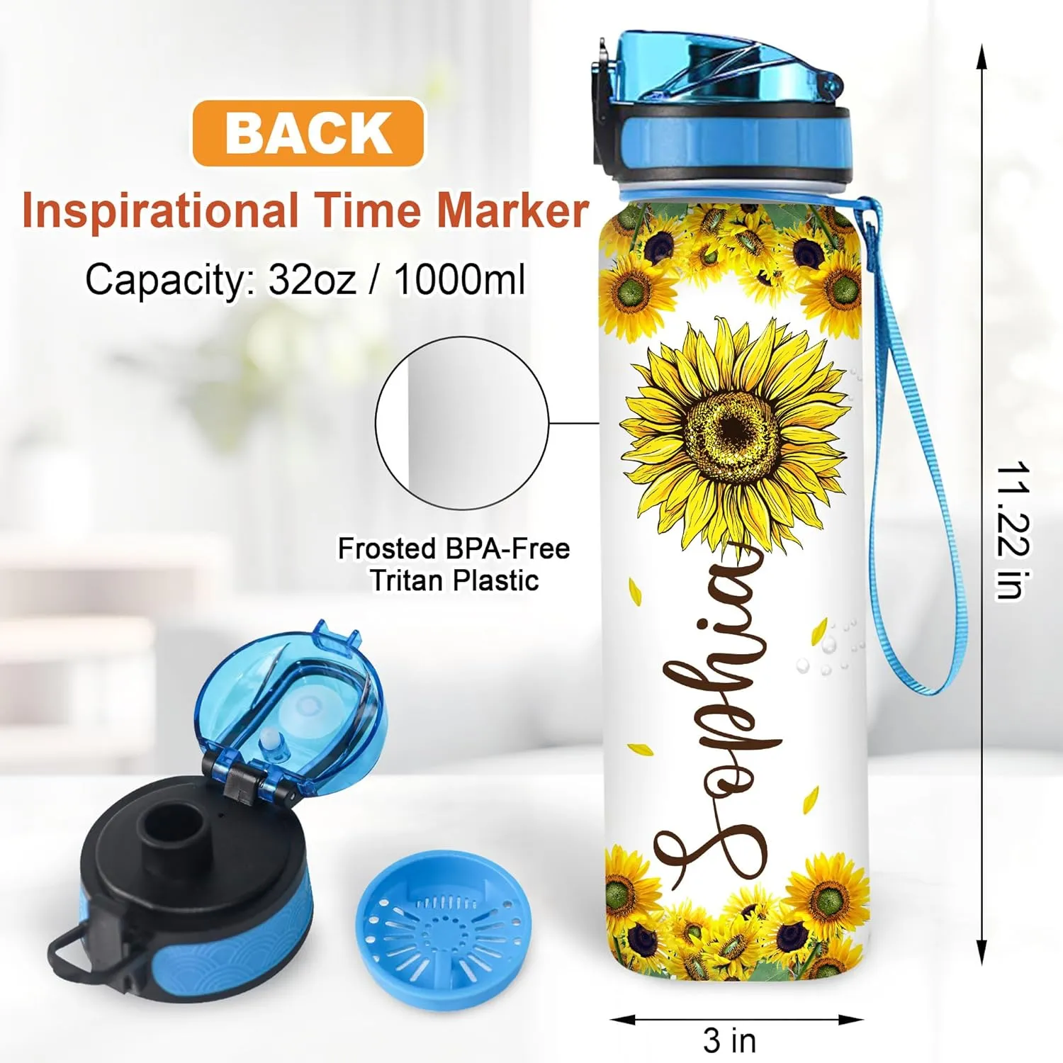 Hyturtle Personalized Sunflowers 32oz 1Liter Motivational Water Bottle, Customized Name Tracking Sunflower Water Bottle With Time Marker, Gifts For Women Sunflowers Lovers On Birthday