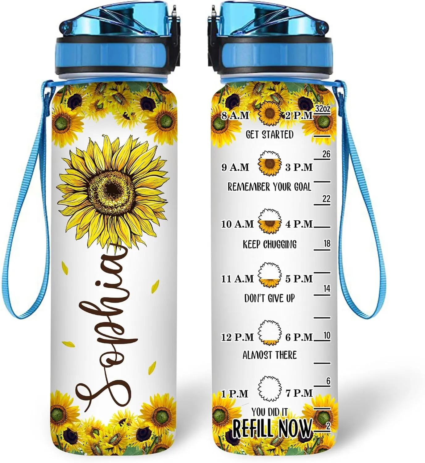 Hyturtle Personalized Sunflowers 32oz 1Liter Motivational Water Bottle, Customized Name Tracking Sunflower Water Bottle With Time Marker, Gifts For Women Sunflowers Lovers On Birthday
