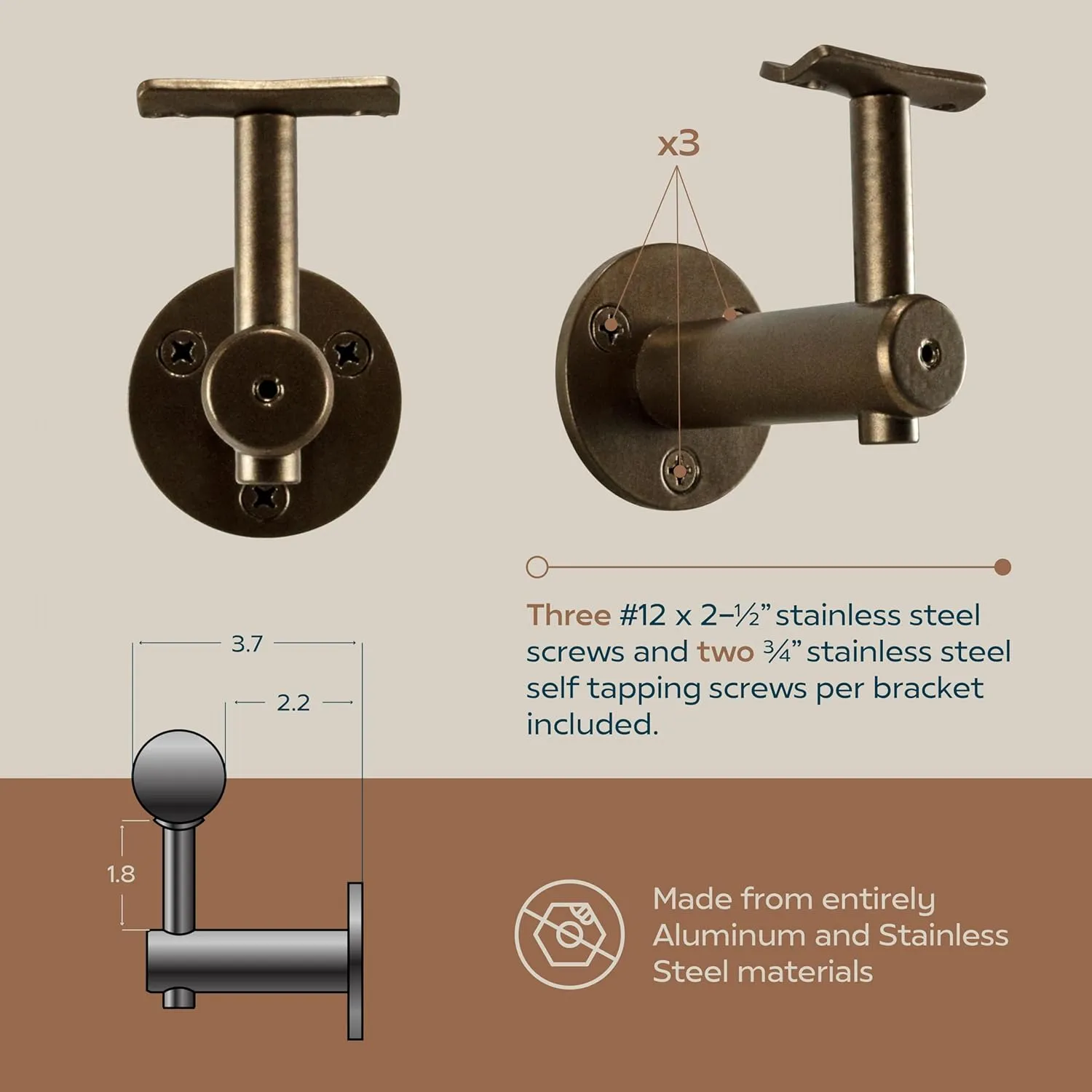 Industrial Aluminum 1.5 Inch Round Complete Indoor/Outdoor Straight Handrail Grab Bar Kit (Bronze/Satin Black, 3 Foot Handrail)