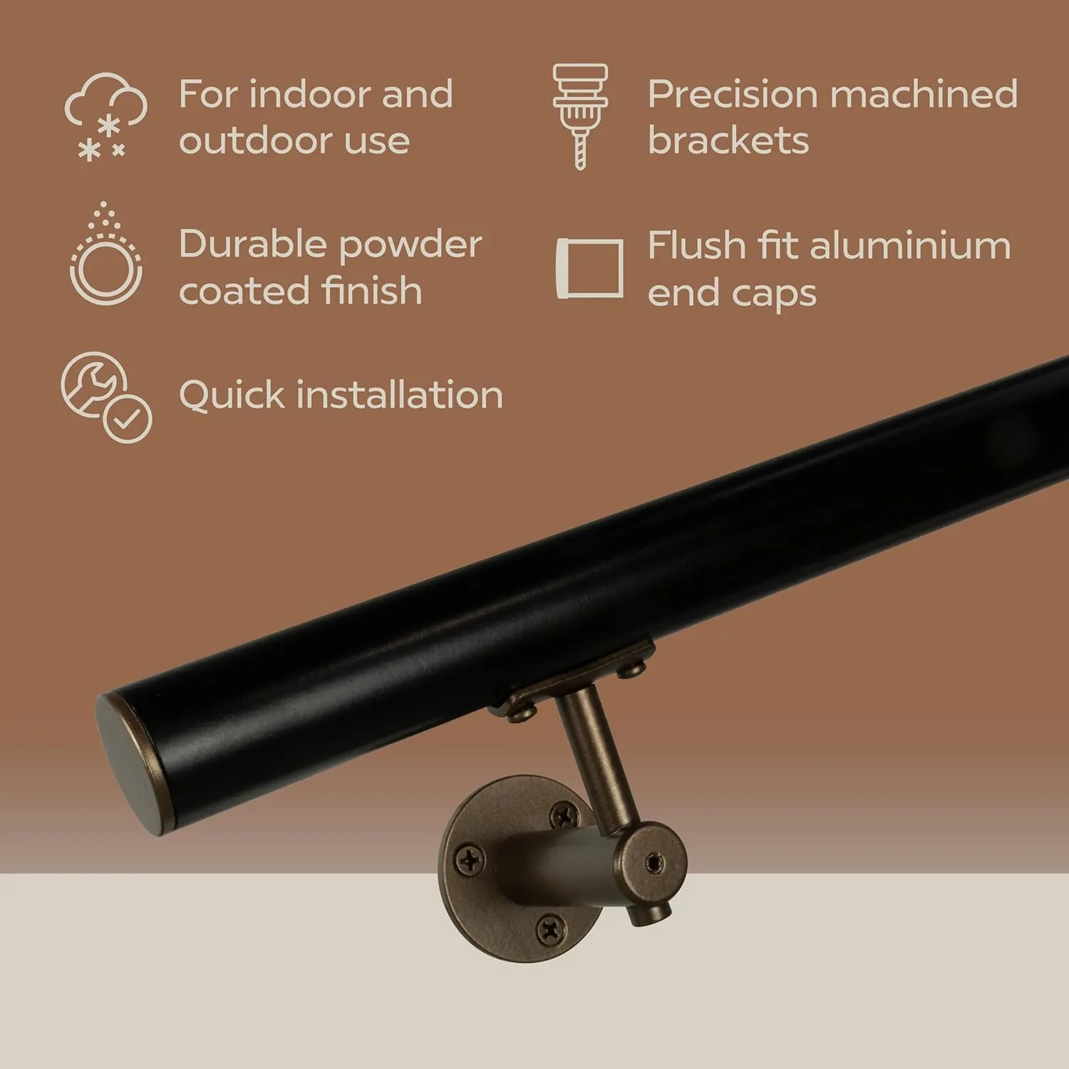 Industrial Aluminum 1.5 Inch Round Complete Indoor/Outdoor Straight Handrail Grab Bar Kit (Bronze/Satin Black, 3 Foot Handrail)