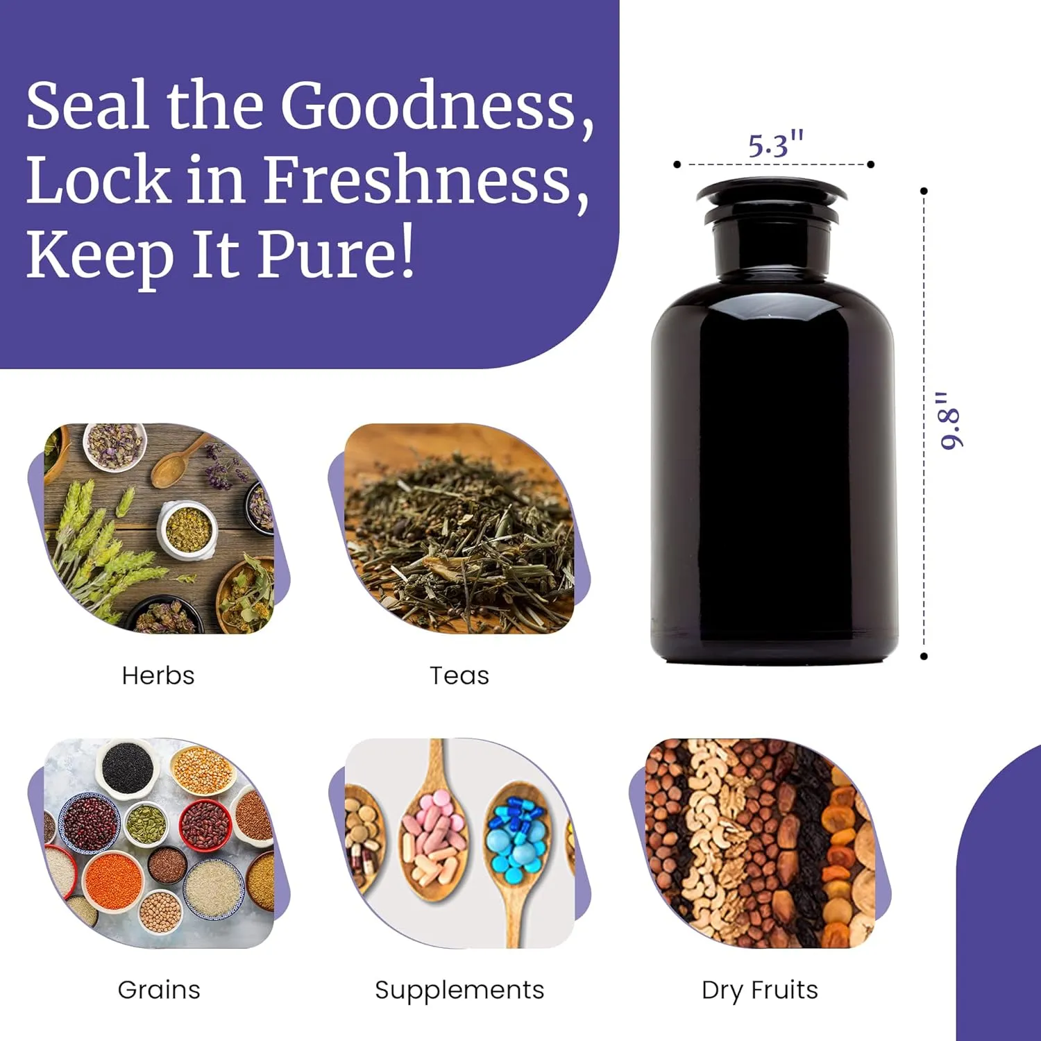 Infinity Jars 2L (68 Fl oz) Round jar Black Ultraviolet Glass Refillable Empty Apothecary Jar with Airtight Glass Lid for Tea, Spices, Coffee, Dried Goods, Herb Storage | Smell Proof Jar