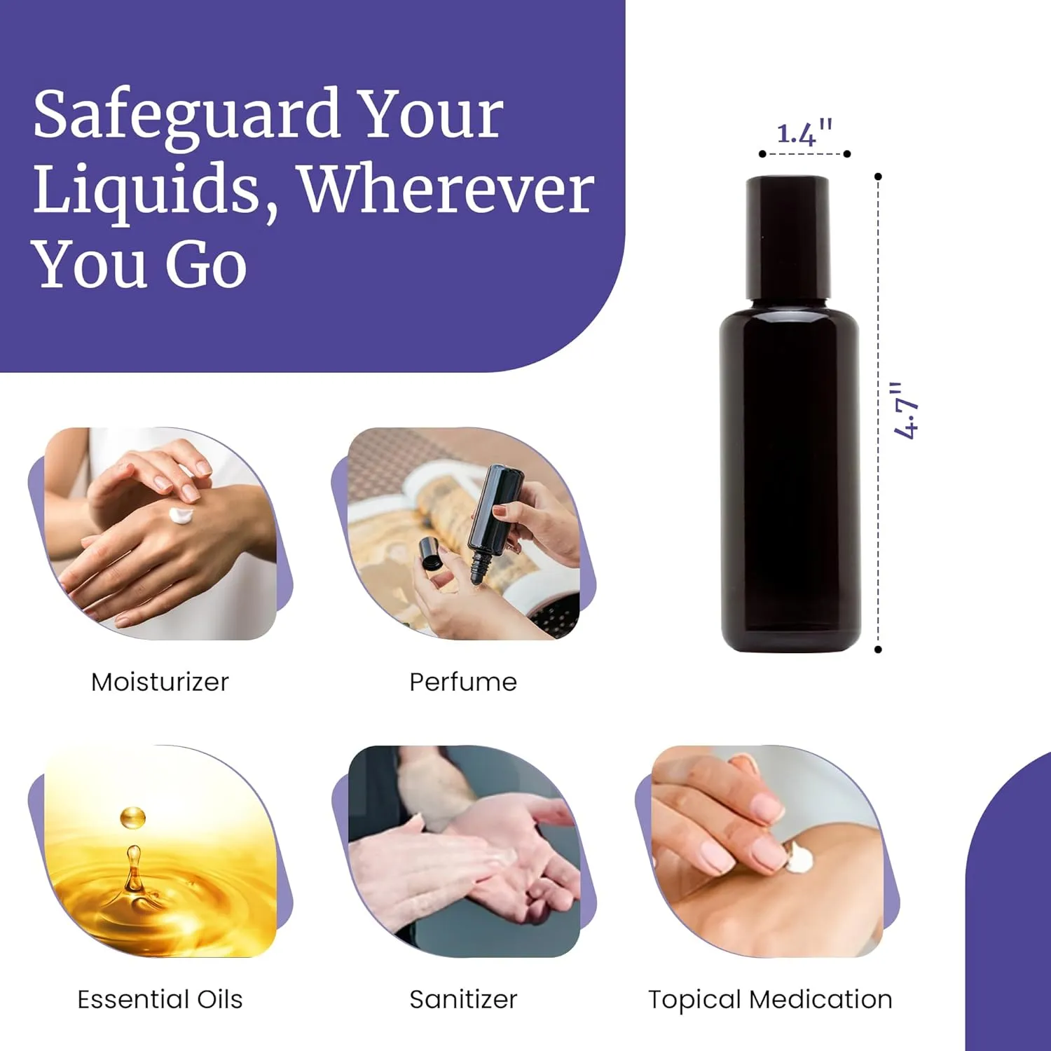 Infinity Jars Black Ultraviolet Glass Bottle 50 Ml (1.7 fl oz) w/Glass Ball Roll on Tip Screw top Bottle for Essential oil,Perfume Cosmetics, Moisturizer Airtight Round, Roller Bottles w/Black Cap