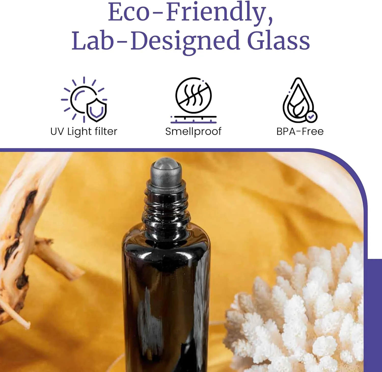 Infinity Jars Black Ultraviolet Glass Bottle 50 Ml (1.7 fl oz) w/Glass Ball Roll on Tip Screw top Bottle for Essential oil,Perfume Cosmetics, Moisturizer Airtight Round, Roller Bottles w/Black Cap