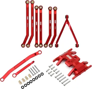 INJORA CNC High Clearance Chassis Links Set, Skid Plate and Steering Rod Tie Links Set for Axial SCX24 Bronco C10 JLU 1/24 RC Crawler Car (Red)