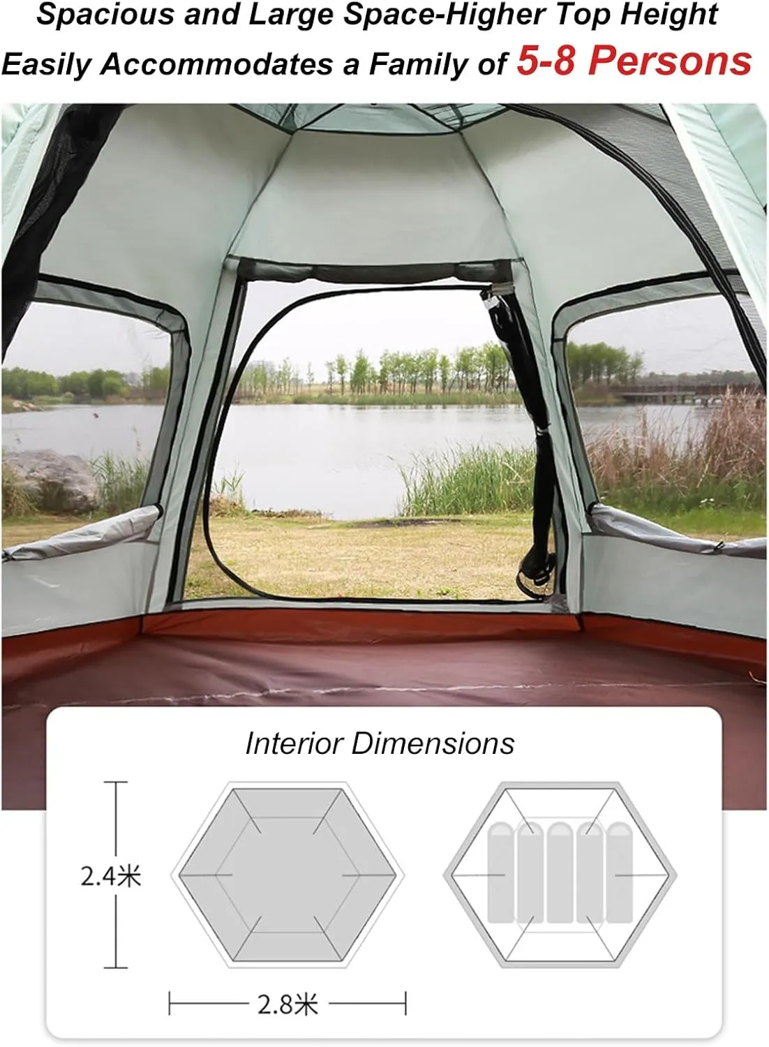 Instant Camping Tent Outdoor Automatic Pop Up Hexagonal Tent 5-8 Person Large Rainproof Sunproof Portable Family Camping Tent 2 Doors 5 Windows with Vestibule