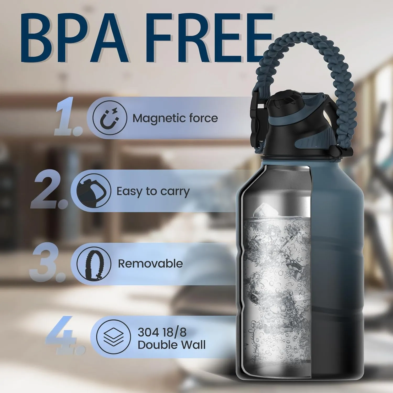Insulated Half Gallon Water Bottle 64oz with Magnetic Lid, Stainless Steel Double-Wall Vacuum Leak Proof Sports Insulated Jug with Paracord Handle, Keep Water Hot & Cold for Outdoor,Gym