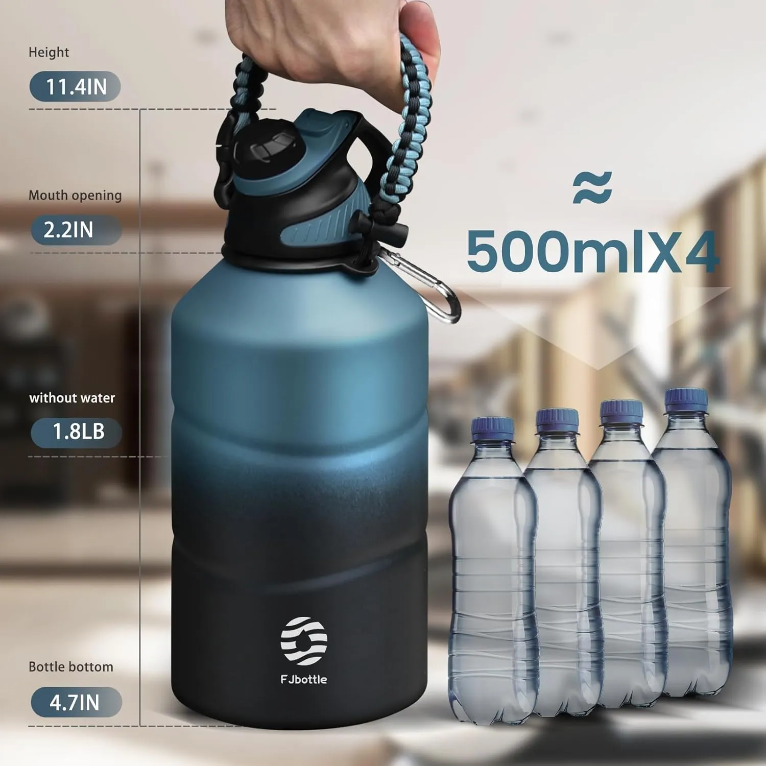 Insulated Half Gallon Water Bottle 64oz with Magnetic Lid, Stainless Steel Double-Wall Vacuum Leak Proof Sports Insulated Jug with Paracord Handle, Keep Water Hot & Cold for Outdoor,Gym