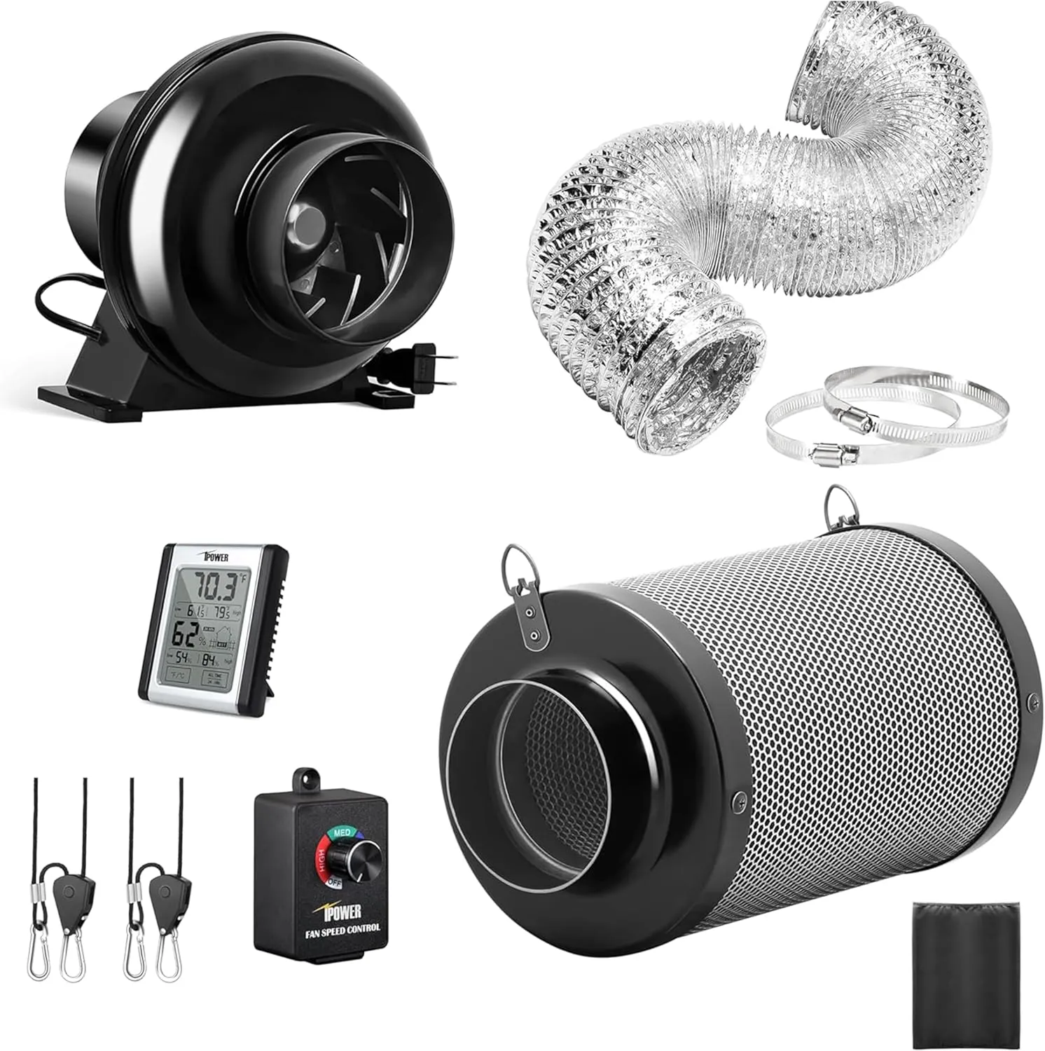 iPower 4 Inch 195 CFM Inline Fan, 8 Feet Ducting Speed Controller, Upgraded Air Carbon Filter, Rope Hanger and Temperature Humidity Monitor Kits, Grow Tent Ventilation