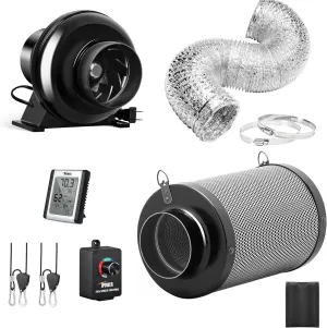 iPower 4 Inch 195 CFM Inline Fan, 8 Feet Ducting Speed Controller, Upgraded Air Carbon Filter, Rope Hanger and Temperature Humidity Monitor Kits, Grow Tent Ventilation