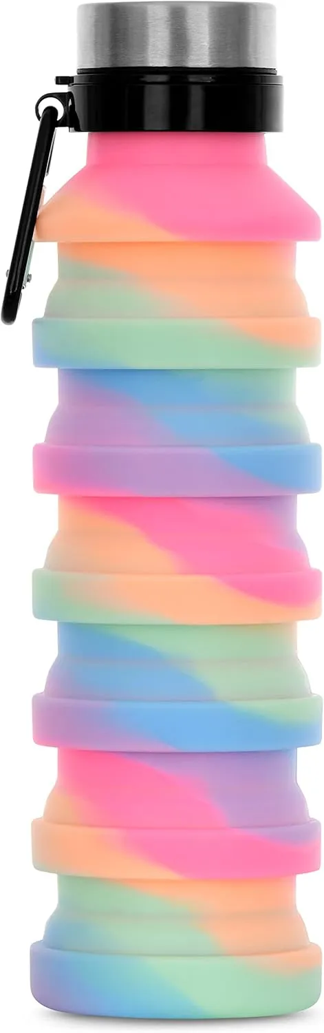 iscream BPA Free, 18 oz Collapsible Silicone Bottle with Carabiner - Happy Stripe