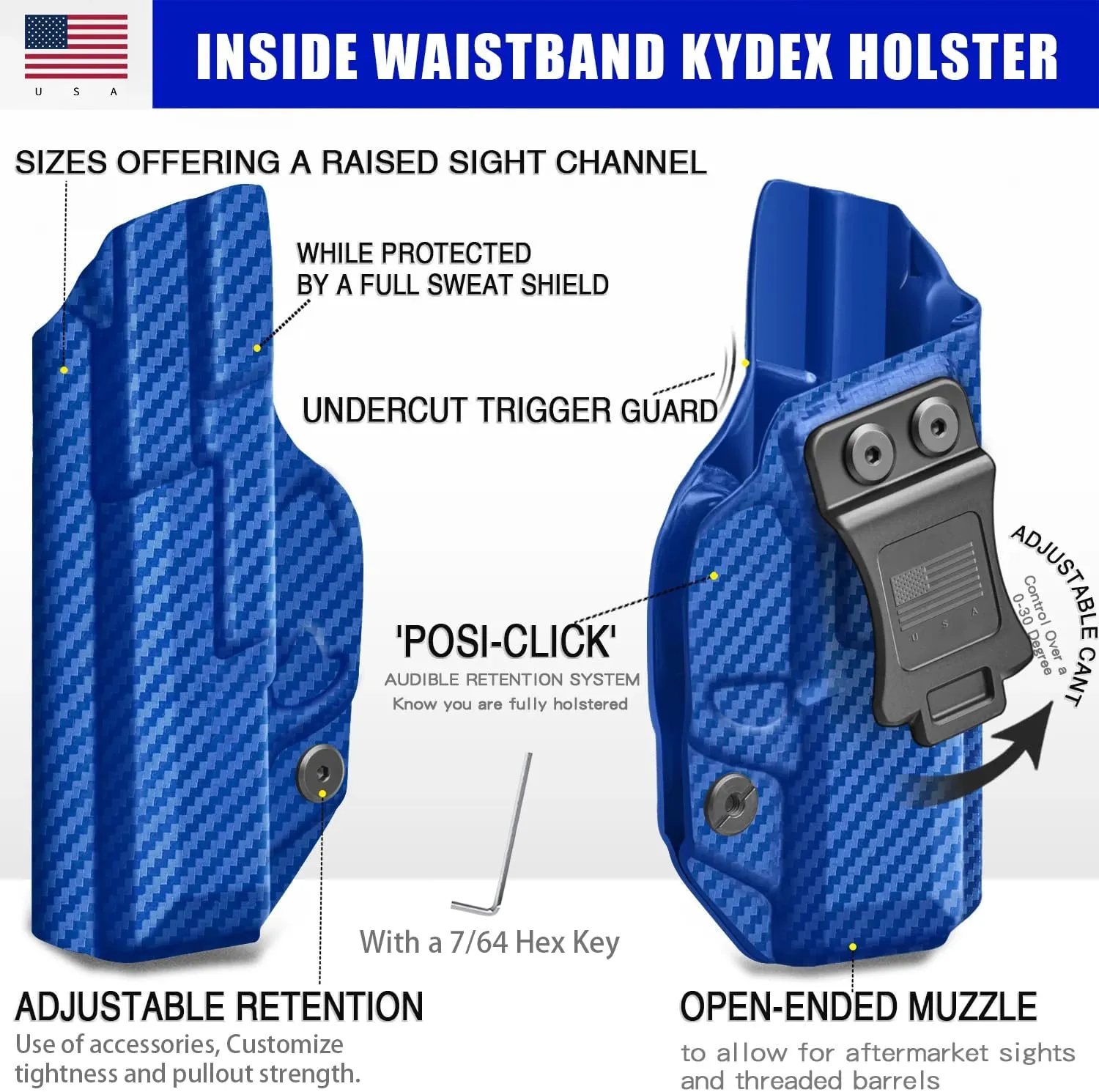 IWB KYDEX Universal Gun Holster, Adjustable Cant & 'Posi-Click' Retention, Inside Waistband Concealed Carry Holster Compatible with Multiple Glock, Smith Wesson, Sig, Ruger Models Police Blue