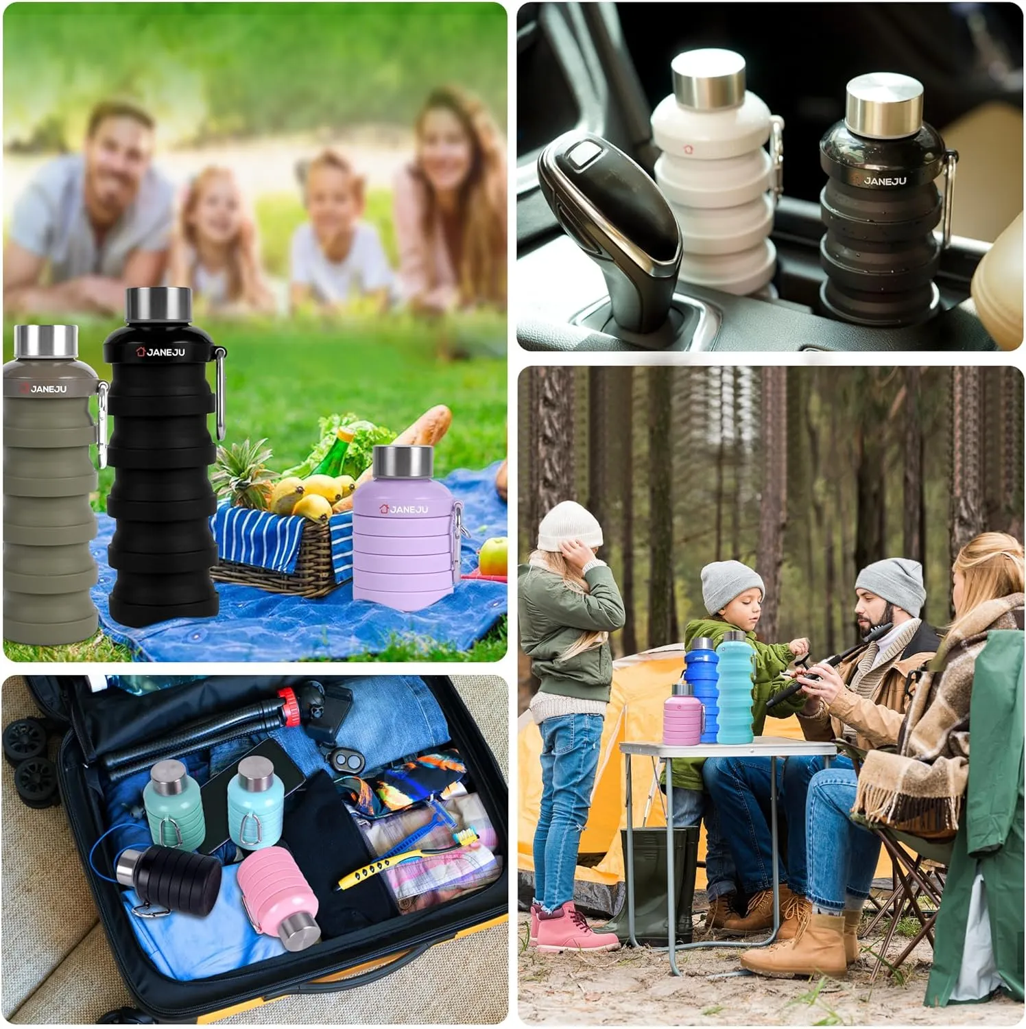 JaneJu Collapsible Water Bottle, 17oz BPA Free Silicone Reusable Portable Lightweight Foldable Water Bottles with Carabiner, Portable Leak Proof Sports Water Bottle (Black)