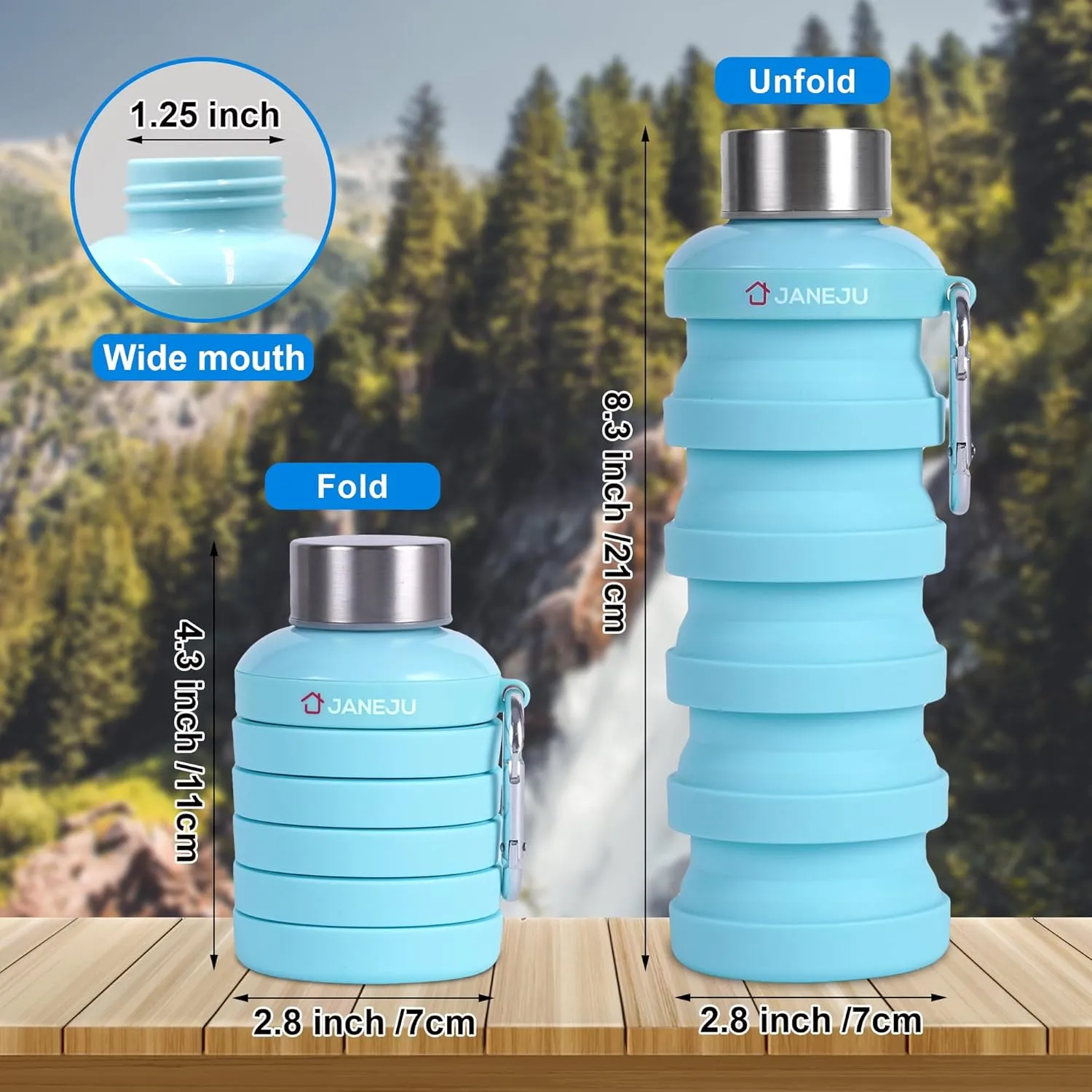 JaneJu Collapsible Water Bottle, 17oz BPA Free Silicone Reusable Portable Lightweight Foldable Water Bottles with Carabiner, Portable Leak Proof Sports Water Bottle (Black)