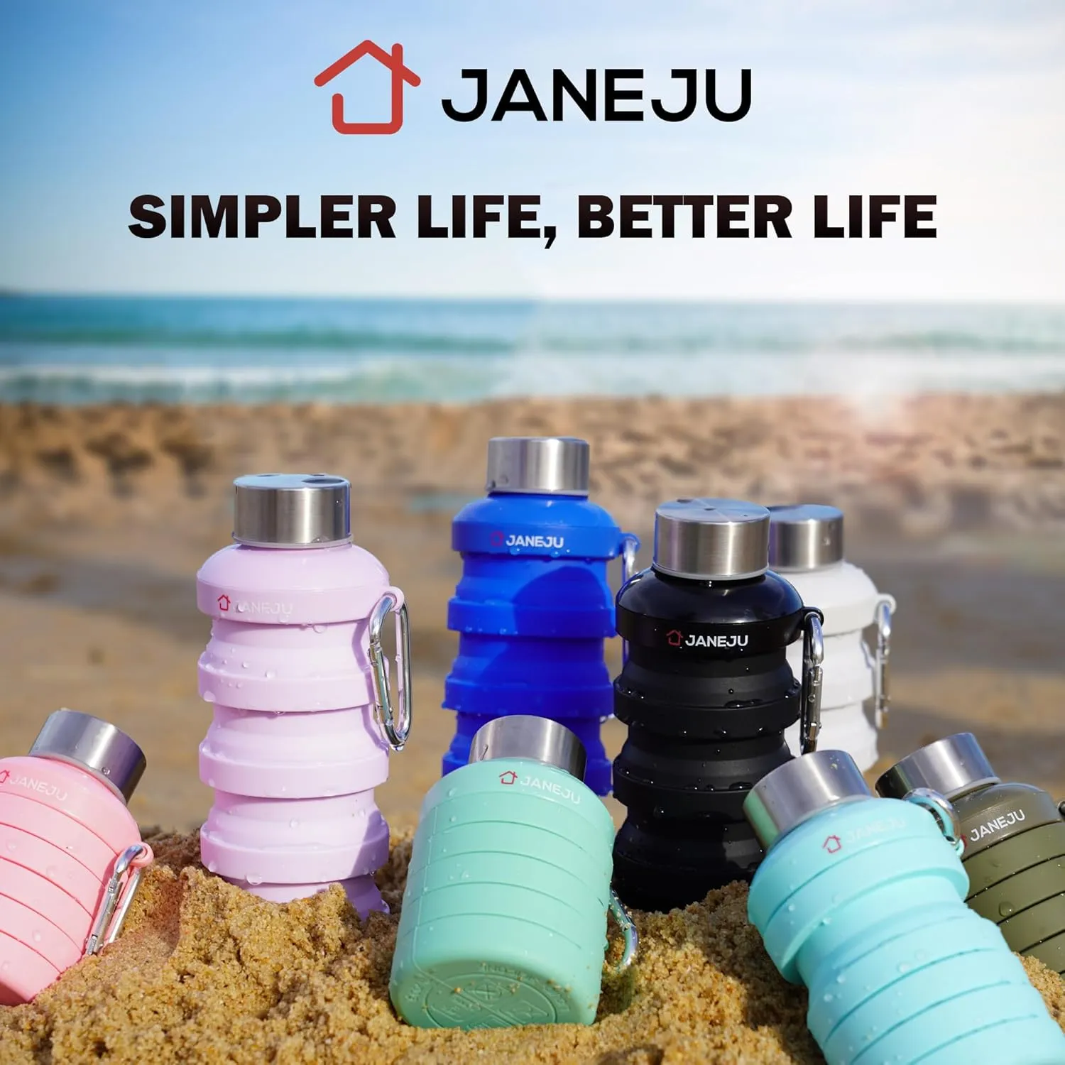JaneJu Collapsible Water Bottle, 17oz BPA Free Silicone Reusable Portable Lightweight Foldable Water Bottles with Carabiner, Portable Leak Proof Sports Water Bottle (Black)