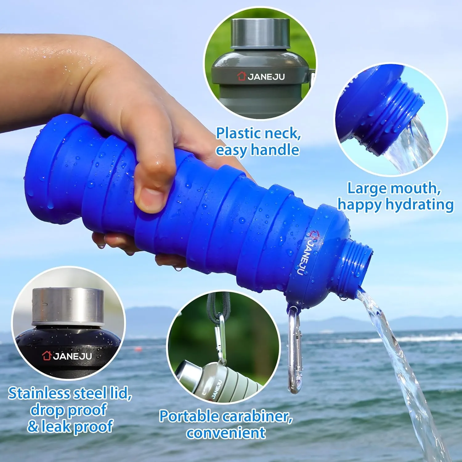 JaneJu Collapsible Water Bottle, 17oz BPA Free Silicone Reusable Portable Lightweight Foldable Water Bottles with Carabiner, Portable Leak Proof Sports Water Bottle (Black)