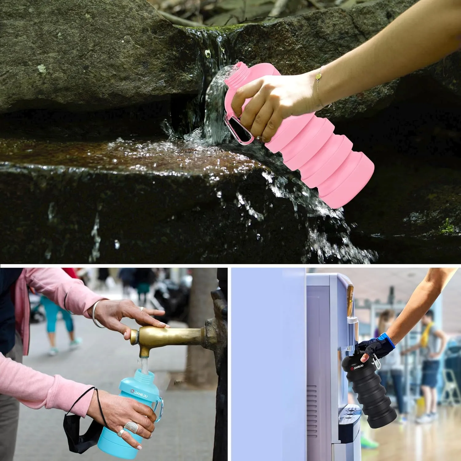 JaneJu Collapsible Water Bottle, 32oz BPA Free Silicone Reusable Portable Lightweight Foldable Water Bottles with Carabiner, Leak Proof Sports Water Bottle with Stainless Twist Cap (Black)