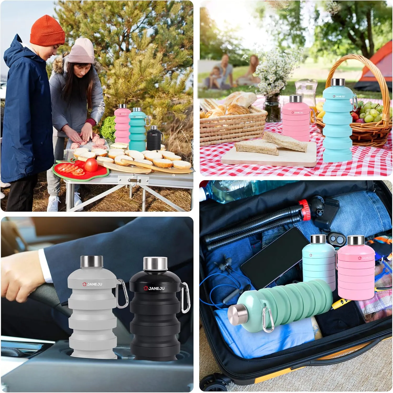 JaneJu Collapsible Water Bottle, 32oz BPA Free Silicone Reusable Portable Lightweight Foldable Water Bottles with Carabiner, Leak Proof Sports Water Bottle with Stainless Twist Cap (Black)