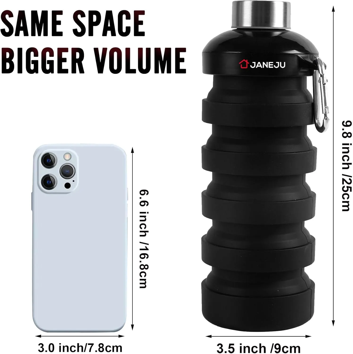 JaneJu Collapsible Water Bottle, 32oz BPA Free Silicone Reusable Portable Lightweight Foldable Water Bottles with Carabiner, Leak Proof Sports Water Bottle with Stainless Twist Cap (Black)