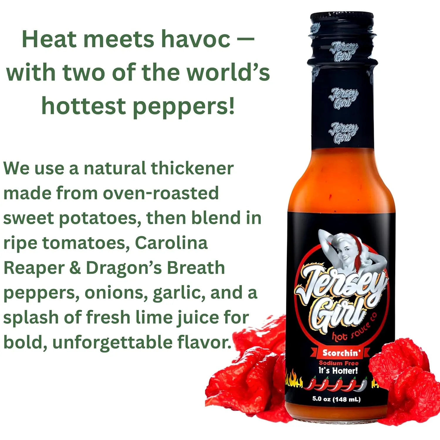 Jersey Girl Hot Sauce 5oz (Variety Pack 3, Classic Habanero, Sizzlin Ghost Pepper & Scorchin' Carolina Reaper) Sodium Free Hot Sauce Set