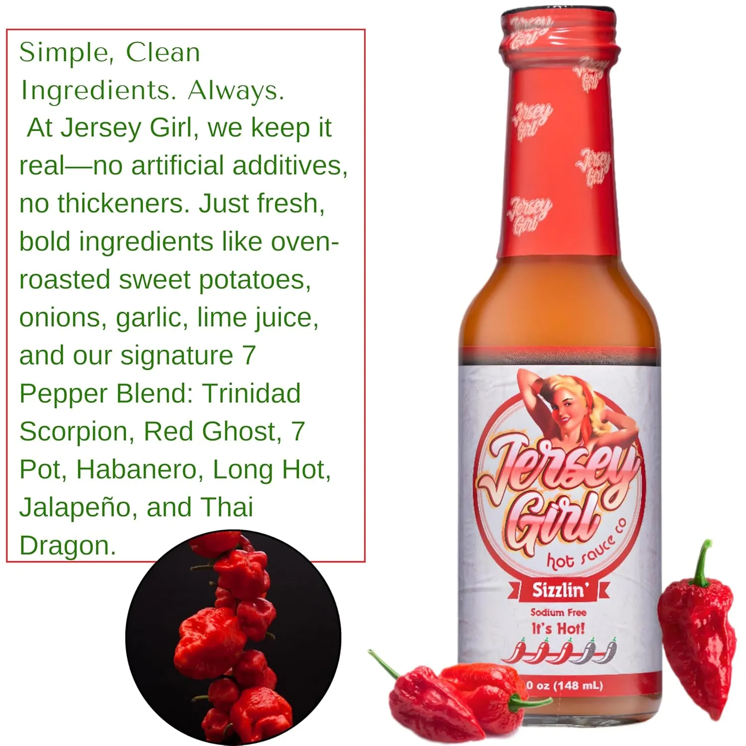 Jersey Girl Hot Sauce 5oz (Variety Pack 3, Classic Habanero, Sizzlin Ghost Pepper & Scorchin' Carolina Reaper) Sodium Free Hot Sauce Set
