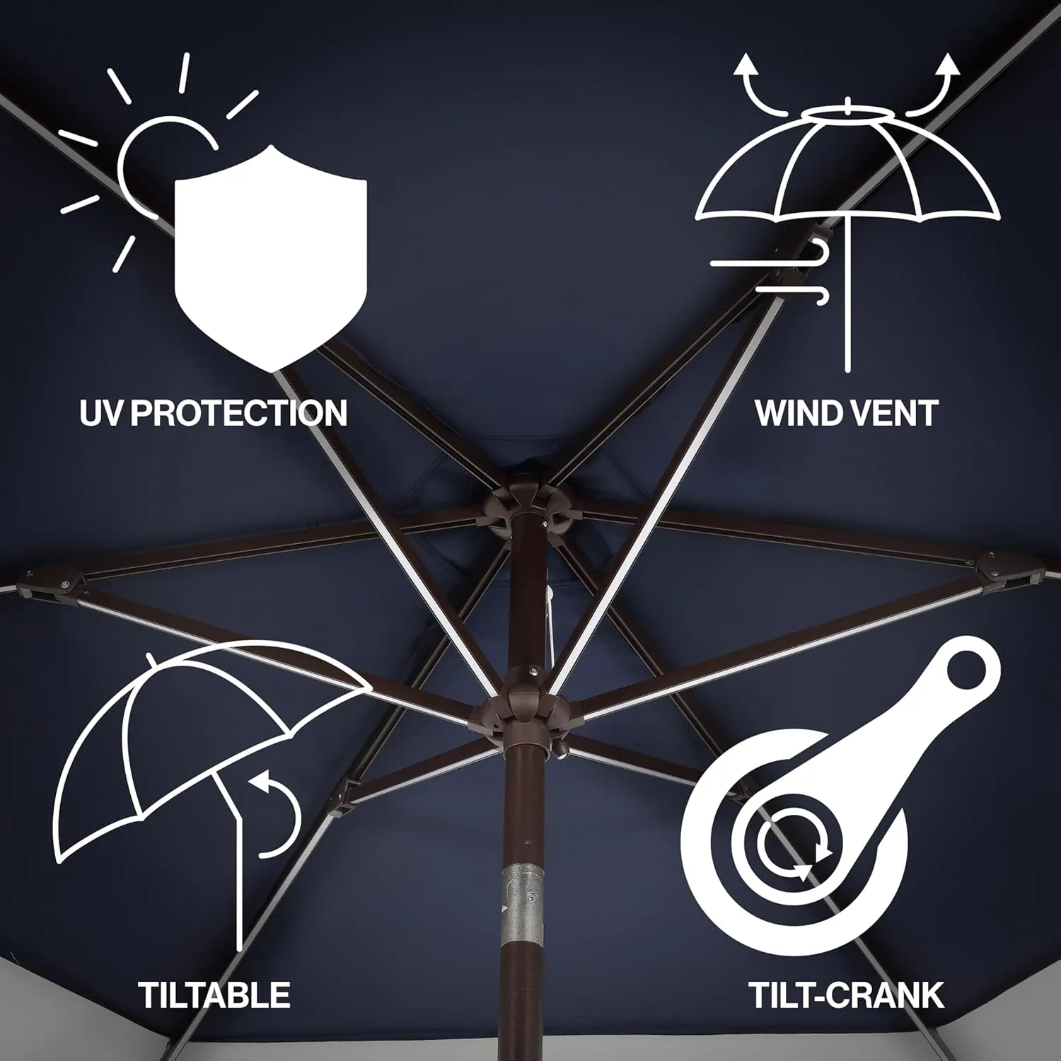 JONATHAN Y UMB1100A Spencer 9 ft. Classic Coastal 2-Tone Solar LED Market Patio Umbrella with 12 LED Strip Lights, Auto-Tilt, Crank and UV Protection in Navy/White
