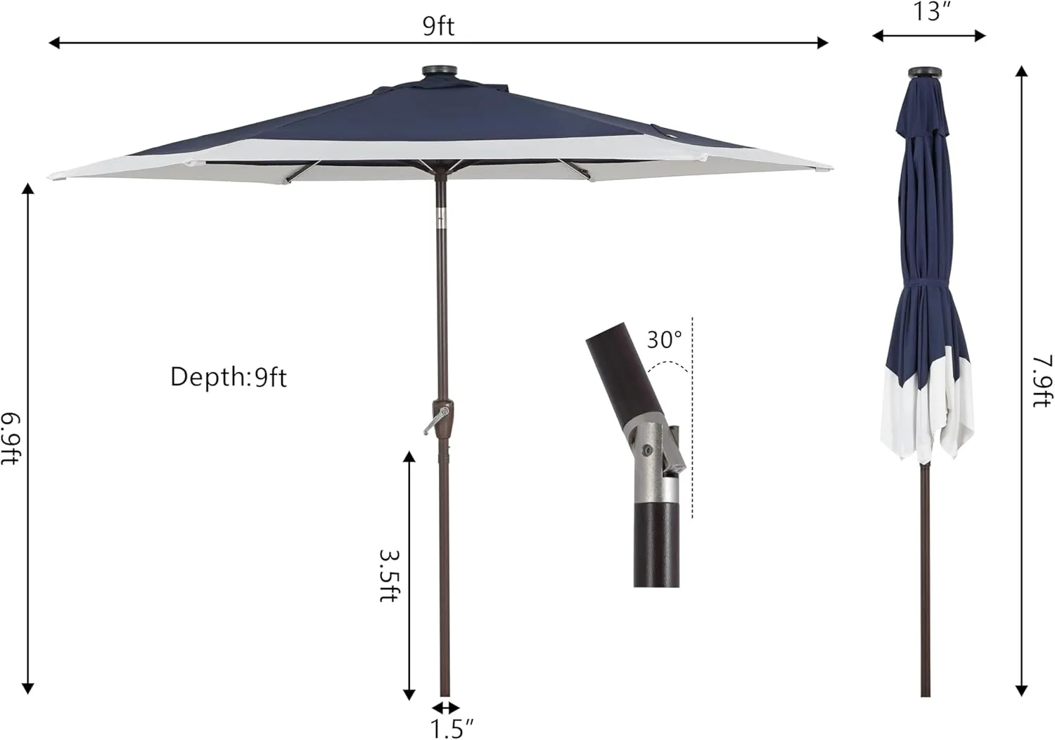 JONATHAN Y UMB1100A Spencer 9 ft. Classic Coastal 2-Tone Solar LED Market Patio Umbrella with 12 LED Strip Lights, Auto-Tilt, Crank and UV Protection in Navy/White
