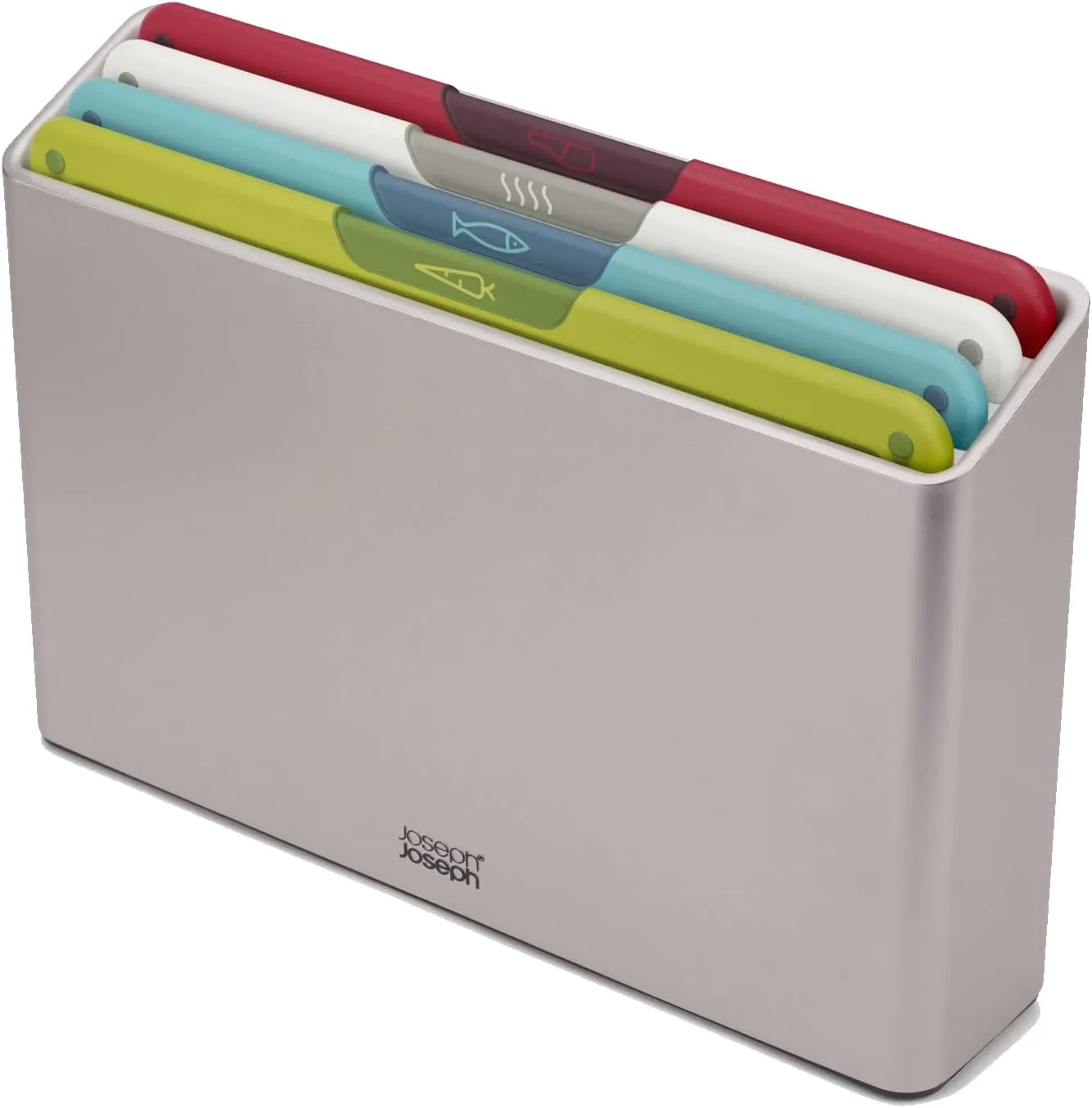 Joseph Joseph Folio Icon 4-Piece Multi Colour coded Cutting Board Set, Slimline case for organized Kitchen storage, Silver