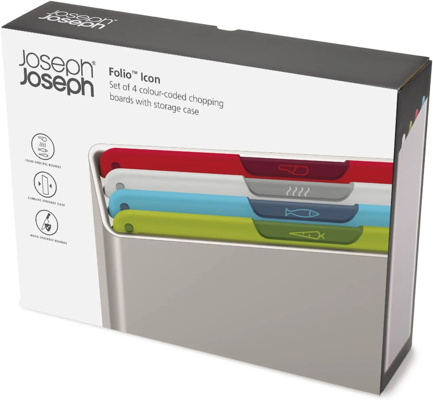 Joseph Joseph Folio Icon 4-Piece Multi Colour coded Cutting Board Set, Slimline case for organized Kitchen storage, Silver