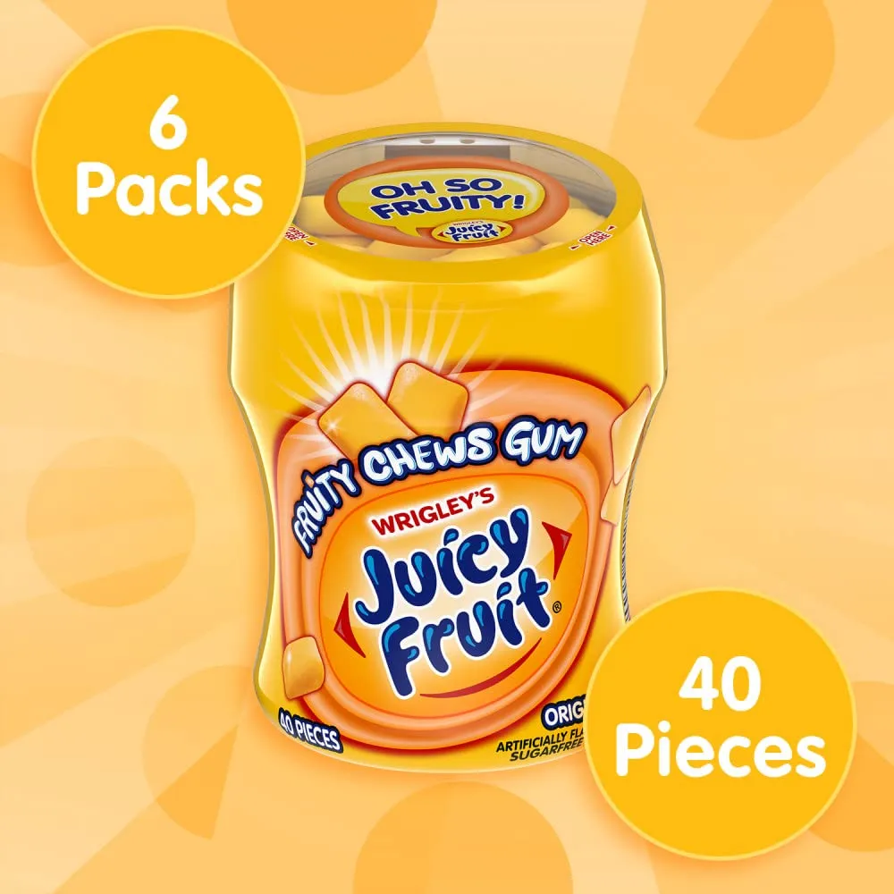 JUICY FRUIT Gum Sugar-Free Chewing Gum, JUICY FRUIT Chews, 40 Pieces Per Bottle, (Pack of 6)