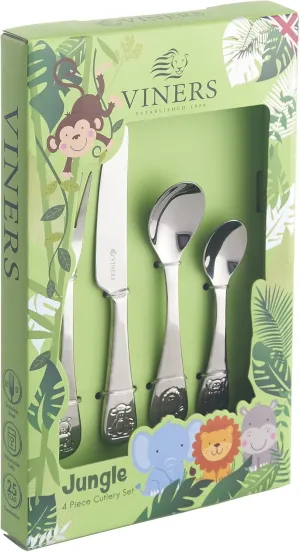 Jungle Kids Cutlery Set | Children’s Mirror Polished Flatware Gift Box with 25 Year Guarantee | for Ages 1-5 | 18/0 Stainless Steel, 4 Piece