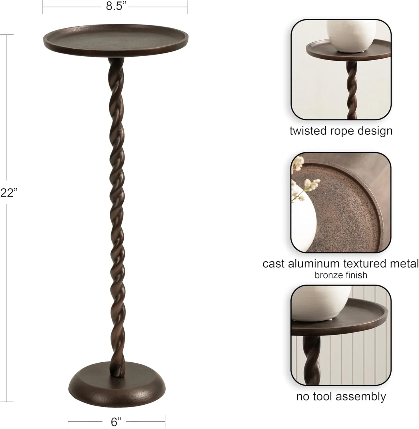 Kate and Laurel Ropa Transitional Round Pedestal Drink Table, 9 x 9 x 22, Bronze, Decorative Cast Aluminum Mini Table with Spiral Rope Design for Use as Indoor Plant Stand or Living Room Accent