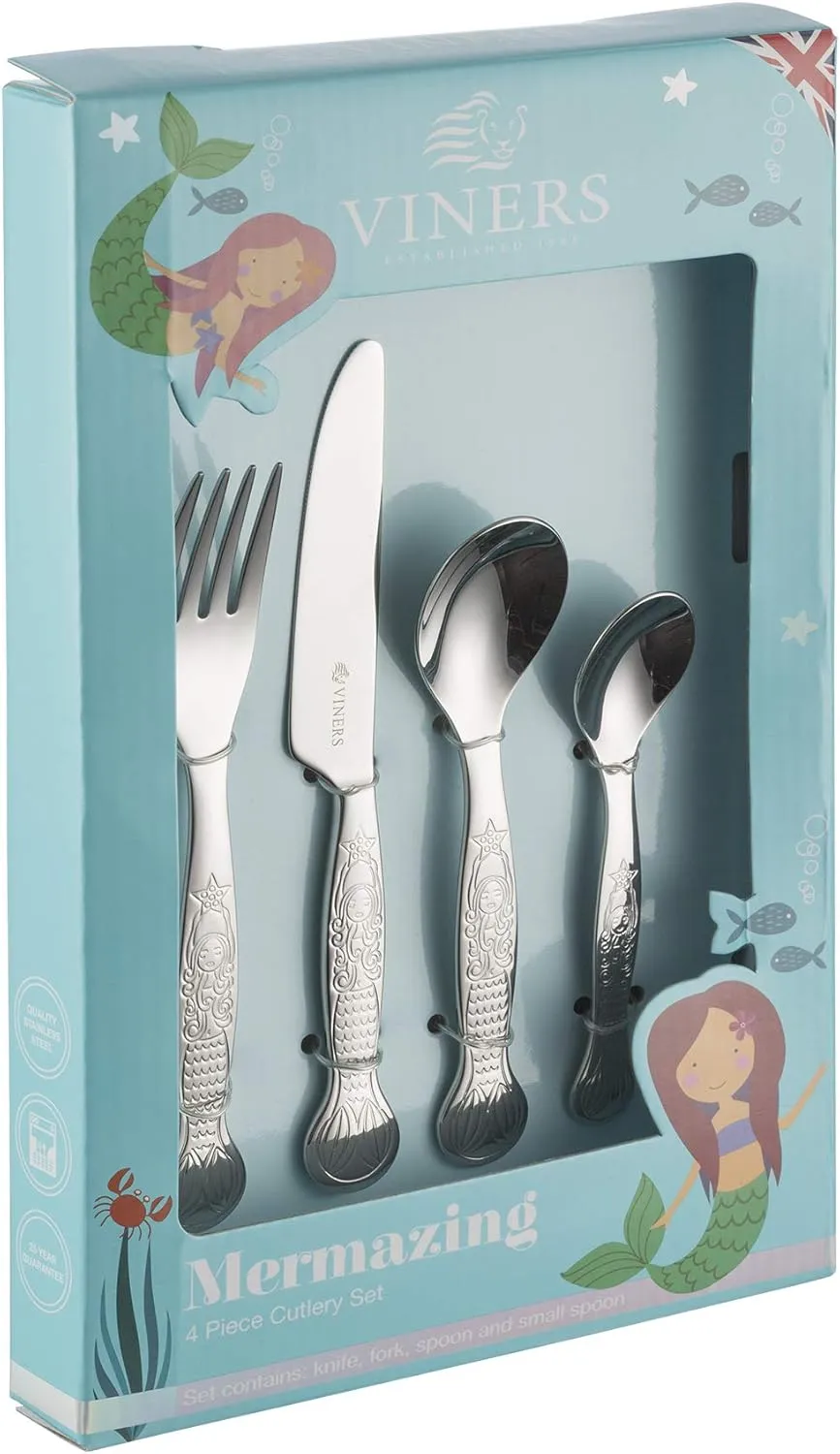 Kids Mermaid 4 Piece 18/0 Silver Stainless Steel Cutlery Set