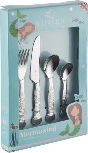 Kids Mermaid 4 Piece 18/0 Silver Stainless Steel Cutlery Set