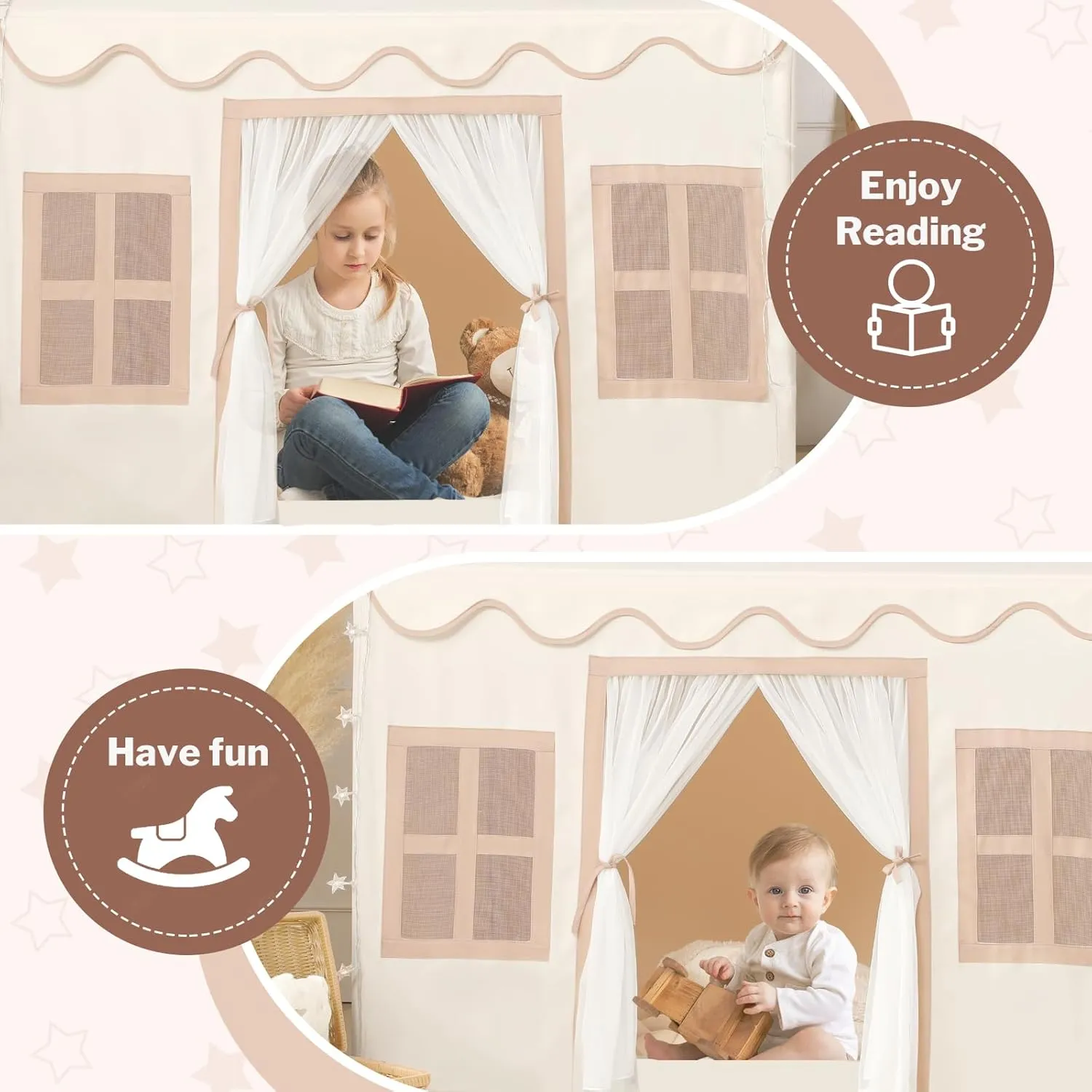 Kids Play Tent Indoor: with Mat, Tassel Garland, Star Lights - Toddler Girl Tent Indoor Playhouse for Toddlers Kids Toys for Boy Girl Birthday Gift