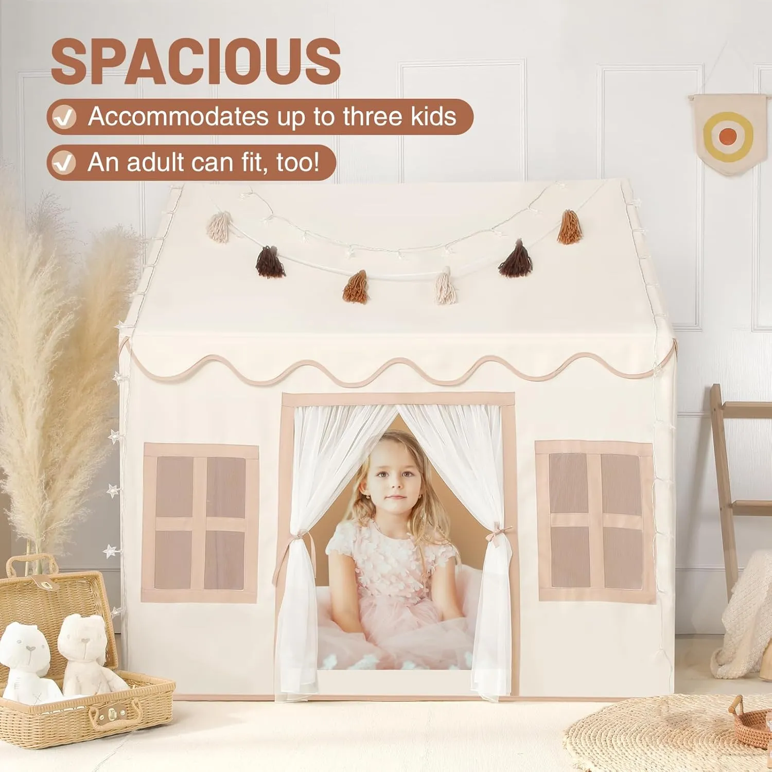 Kids Play Tent Indoor: with Mat, Tassel Garland, Star Lights - Toddler Girl Tent Indoor Playhouse for Toddlers Kids Toys for Boy Girl Birthday Gift